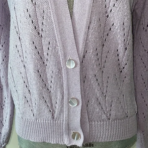 Coquette V Neck Pointelle Knit Cardigan Sweater Lavender Size S - Picture 2 of 13
